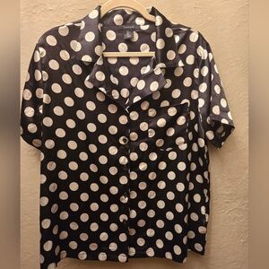 Tahari Polka Dot Satin Button Up Blouse Black White Retro Chic L